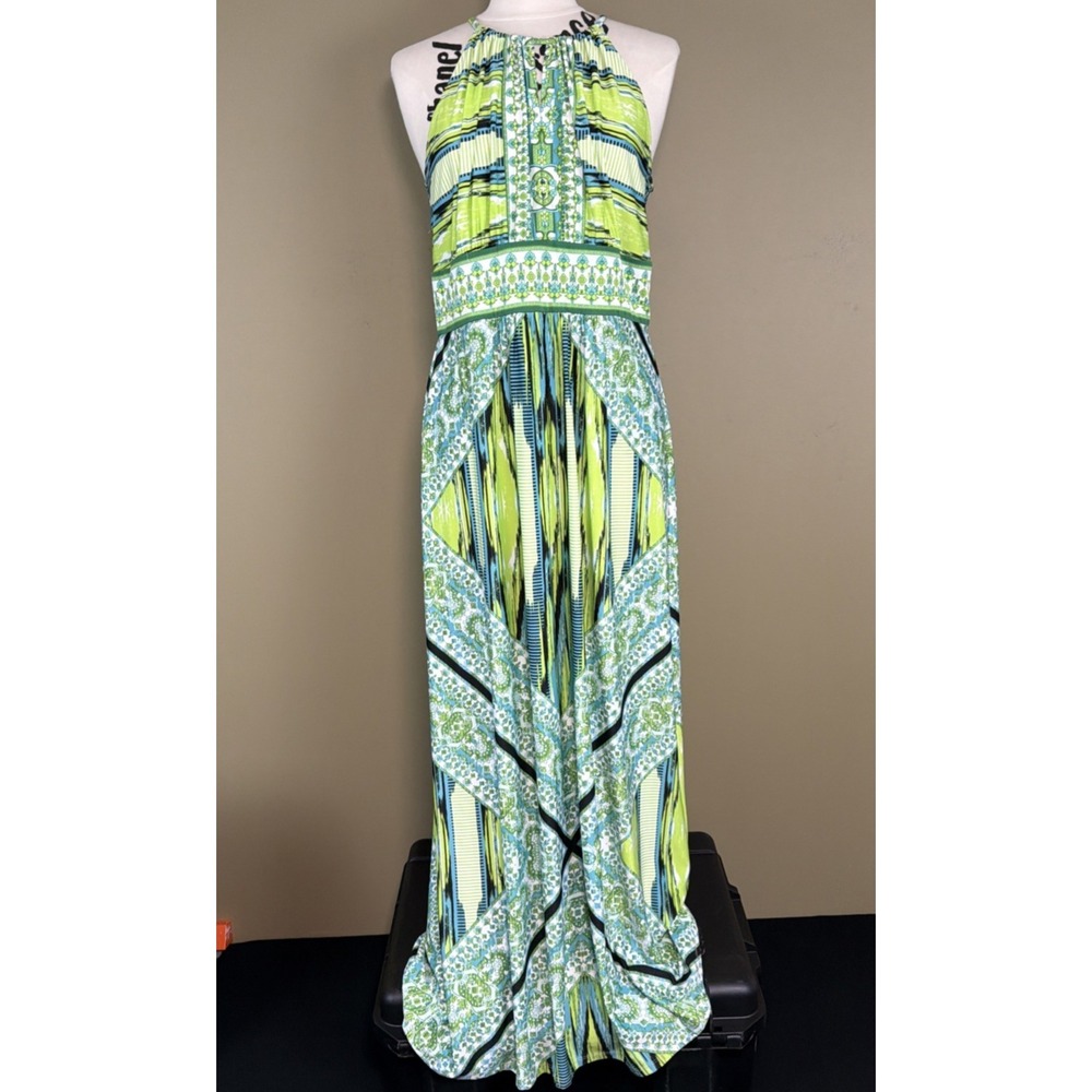 B Calm Women's Sz L Green Printed Halter Maxi Dress Keyhole Back Summer Beach